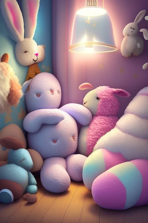 In a cozy child's room, nestled between colorful walls and fluffy pillows, lived a group of enchanting toys who magically came to life each night. Plushie the Sheep, Stardust the Star, Bubbles the Bunny, and Snuggles the Teddy Bear were the best of friends.