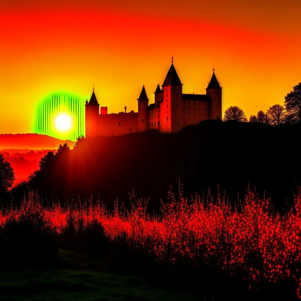 Silhouette of Czech castle ruins at sunset.