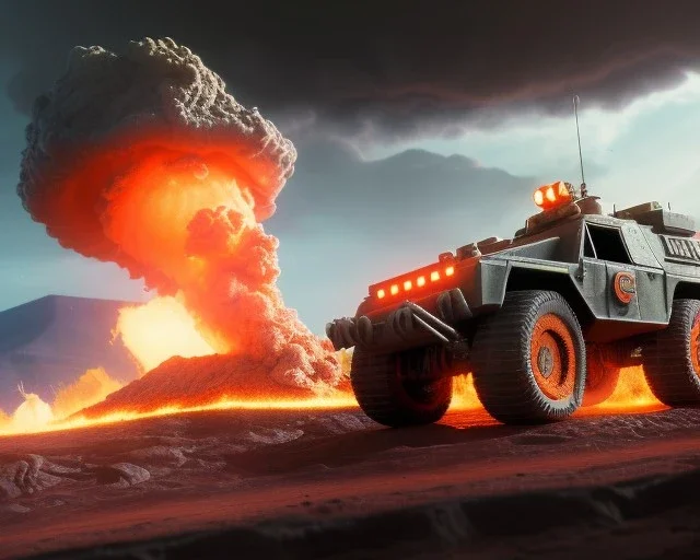 wide angle of Gi joe driving A lunar armored rover with tracks and claw and orange, troops, big Erupting Cloudy volcano, White headlight on flamethrower, wet