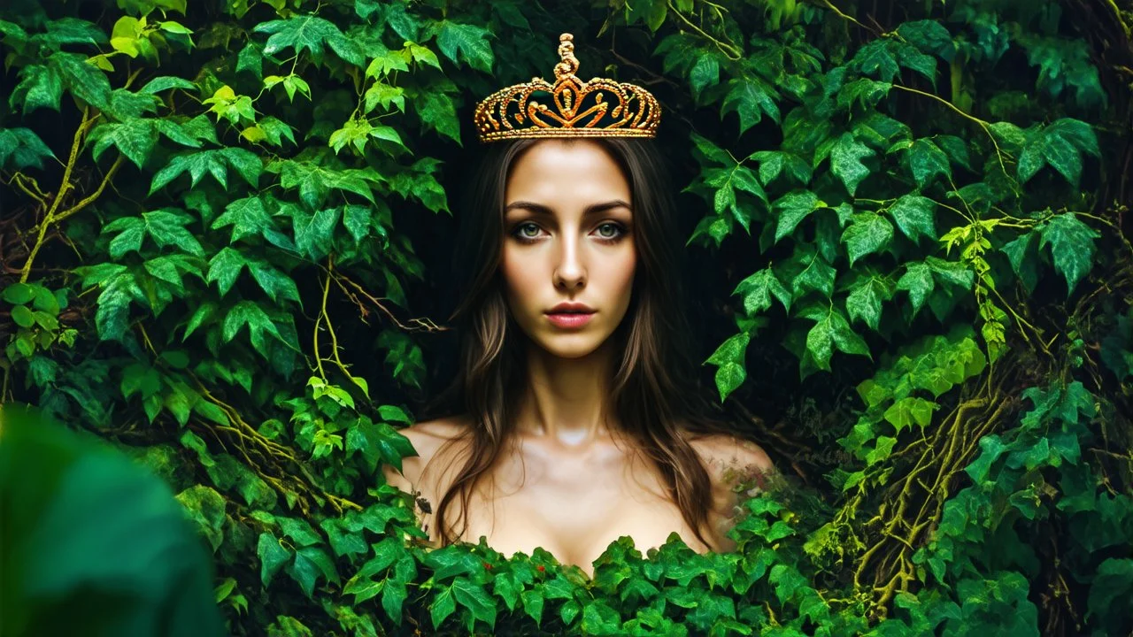 The image features a female figure surrounded by a lush natural environment. The woman seems to merge with the vegetation, as her body is partially covered by branches, leaves and vines that envelop her as if she were part of the environment. She wears a crown or adornment on her head that reinforces her connection with nature. The background shows dense vegetation with different shades of green and a possible wall of water or mist that adds a mystical atmosphere. The image evokes the idea of ​​