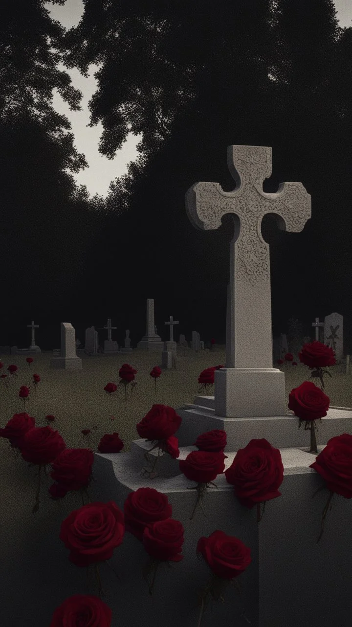 A grave in a field full of r ed roses. Above the grave is a white lace scarf and a gun.cinematic