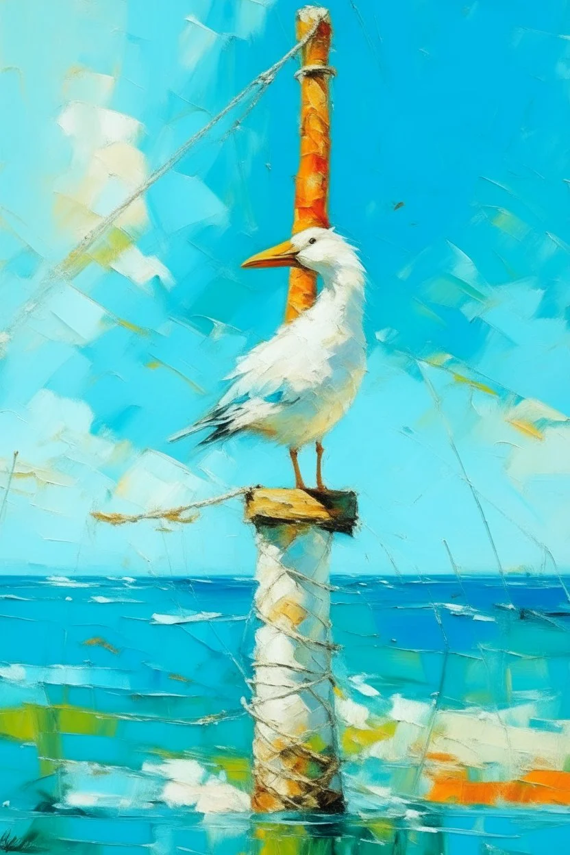 Loose palette knife abstract a seagull perched on the top of an old, white wooden pole with rope wrapped around it and overlooking bright turquoise waters in front of Bonaire's beautiful coastline. It is a sunny day with clear skies and oil paint. light pastels. painterly brushstrokes.