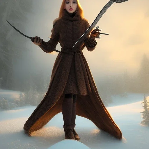 A girl standing in snow holding a sword