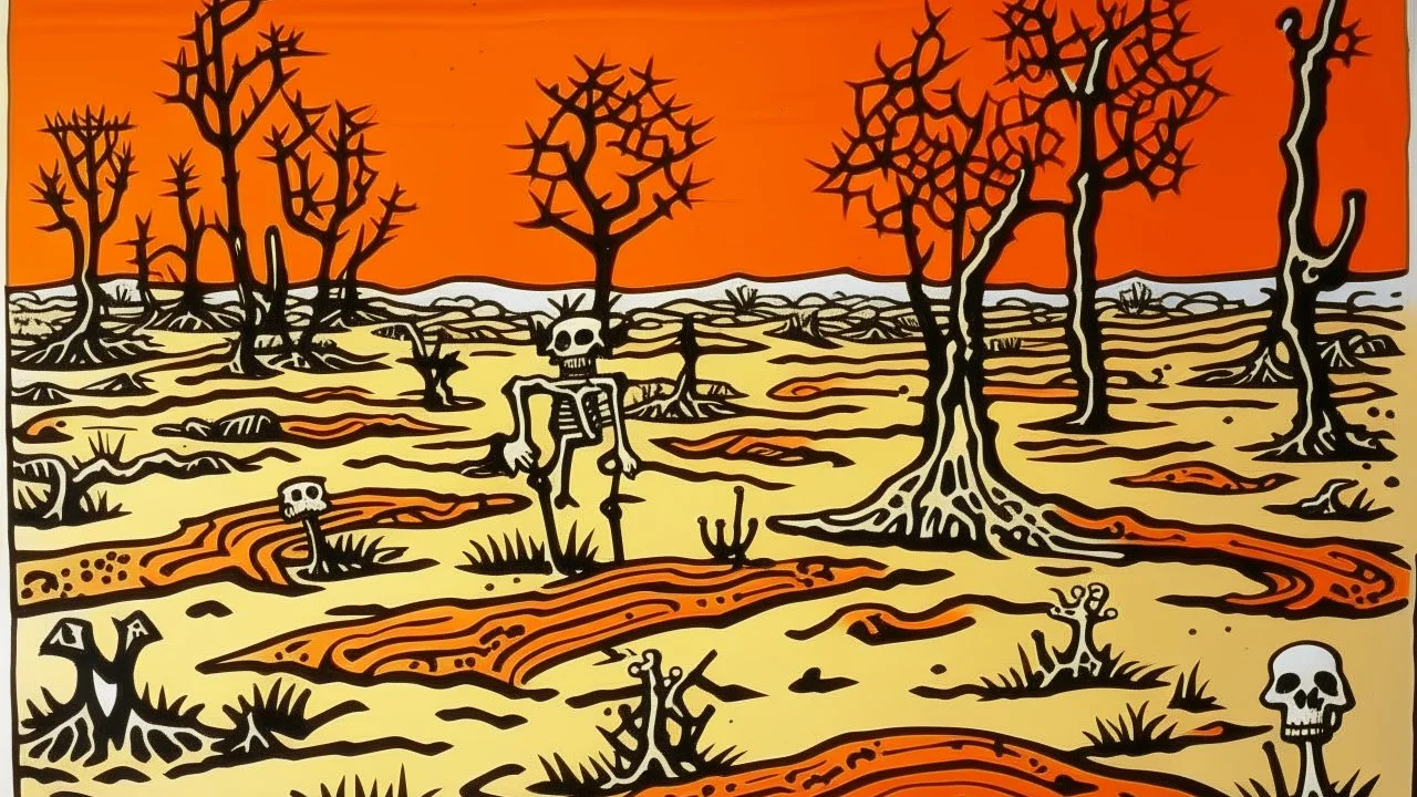 An orange colored arid desert with skeletal trees and a tar pit painted by Keith Haring