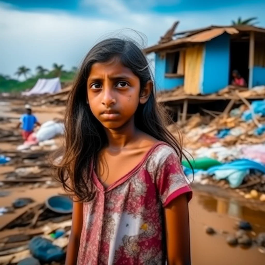 young indian girl frowning very close to camera standing on broken seashore behind there are fragments of house