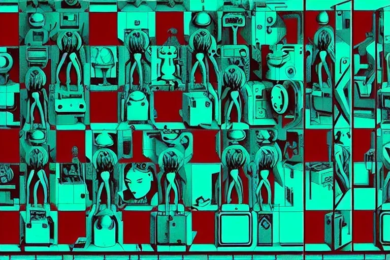 Dark green to cyan body color. Girls with slim body and big butts. Behind. Old-fashioned cameras integrated to heads of the aliens. Noetherian Cyber-punk. Surrealistic, no eyes. Red&blue 3D-tiling. Escher tiling, Oppressive atmosphere. Soviet propaganda. Partly symmetrical in relation man. Perfect golden ratio in vertical and horizontal directions. Deep blue geometrical hexagon in 11th dimension. Tessellation in 6-dimensional space. Perspective derived from Krull's intersection