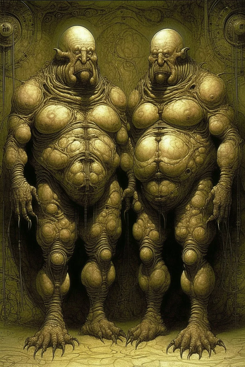 The full bodies of two fat old men , holding their hands on each other shoulders , front view camera, decayed and rotting with grotesque proportions and imagery. surreal horror, biomechanical design, by hr giger and beksinski , fine lines draw