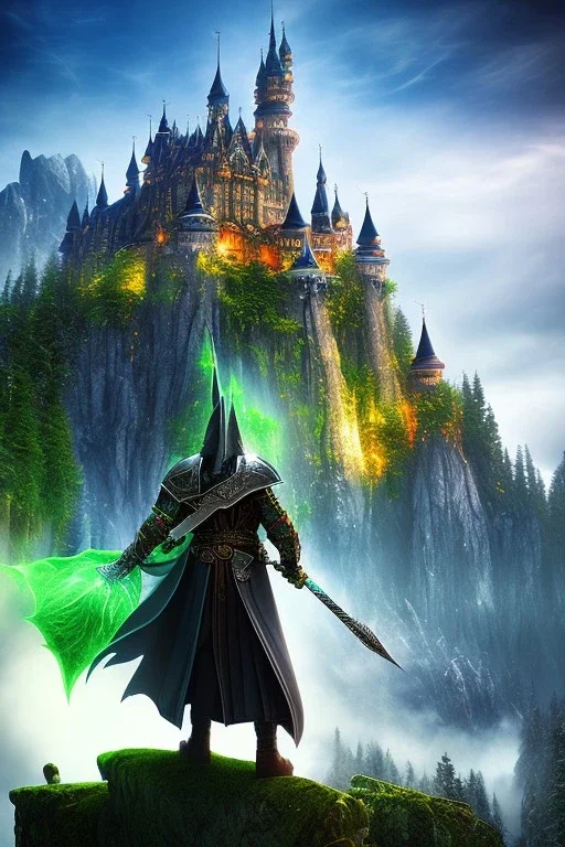 Powerful wizard using green magic, wearing dark cloak, Castle on mountains in background