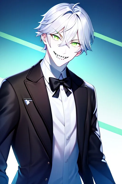 plauge doctor in balck leather coat and suit with silver hair, pale skin and bright green glowing eyes smiling with sharp teeth, nice young face, male, viscious smile, face close look