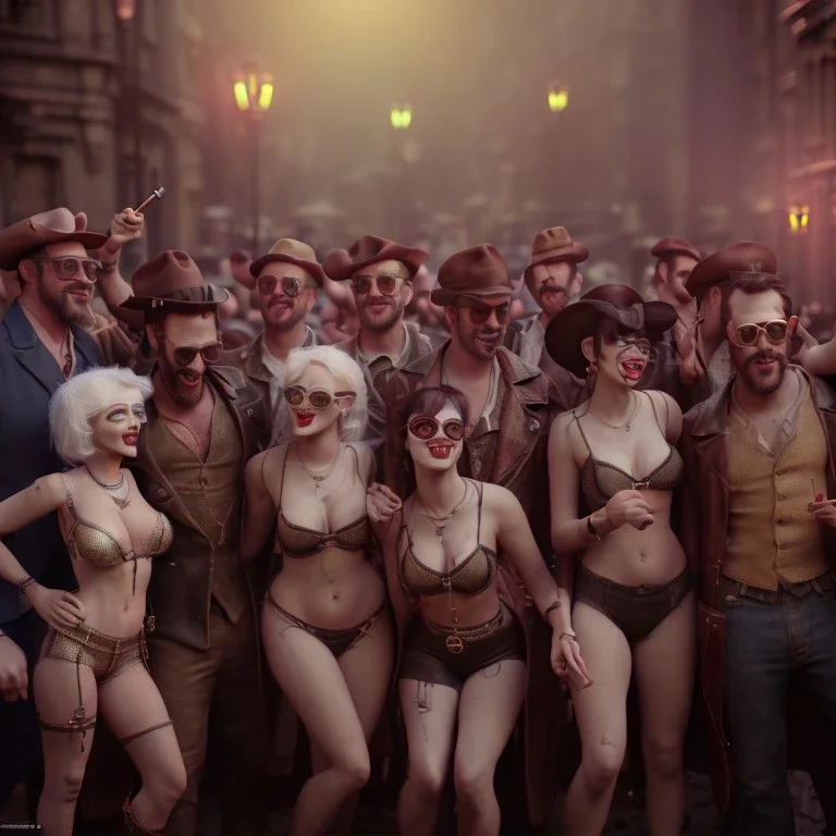 Realistic photo, medium shot view, strong men, cabaret scene, steampunk. Women, Drunken, Sunglasses, smoking, happy, hot. Many people background, highly detailed, concept art, unreal engine 5, ray tracing, RTX, lumen lighting, ultra detail, volumetric lighting, 3d, finely drawn, high definition, high resolution.