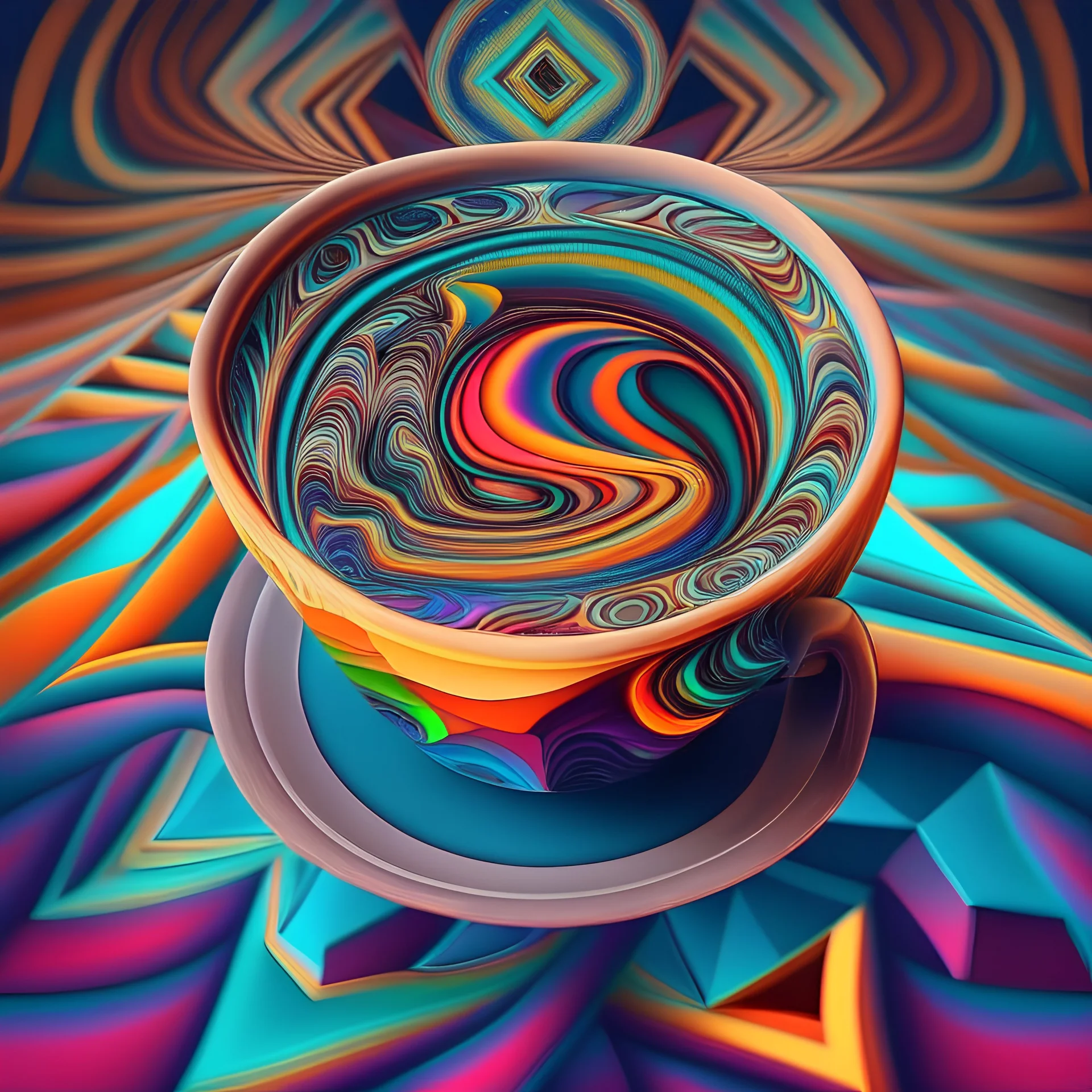 I saw the image of my love in the coffee cup trippy style geometric visionary soreal method amazing colors