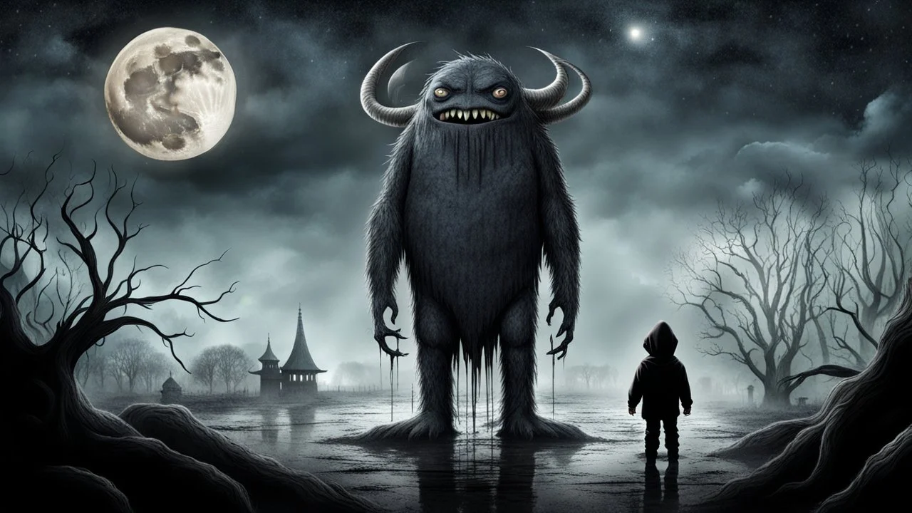 gentle, protective monster protects and hugs the alone sad child against bad high dark evil people, random background random, deep dark color, , moon, mist, rain, highly detailed, weird , surreal dark fantasy mood style like T. Burton