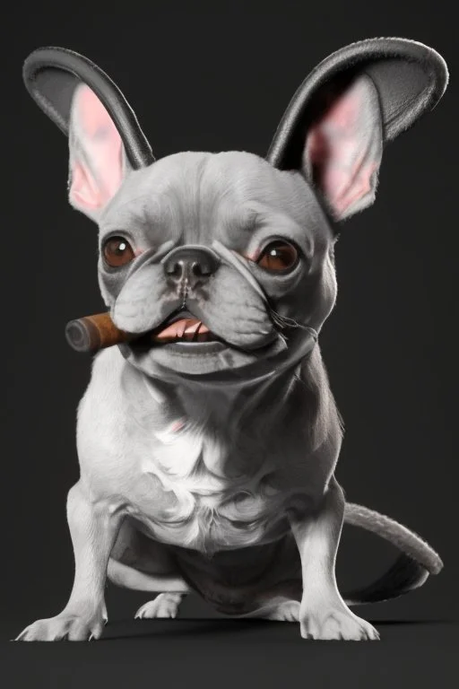 "Generate an image of a black fur Frenchie army helmet and CUBAN CIGAR . exhibit a charming, wearing rainboots and a rain hat, playful demeanor. The image should capture the essence of cuteness and showcase detailed fur texture. Ensure that the final result has a professional and polished appearance, resembling the aesthetic quality seen in animated films."