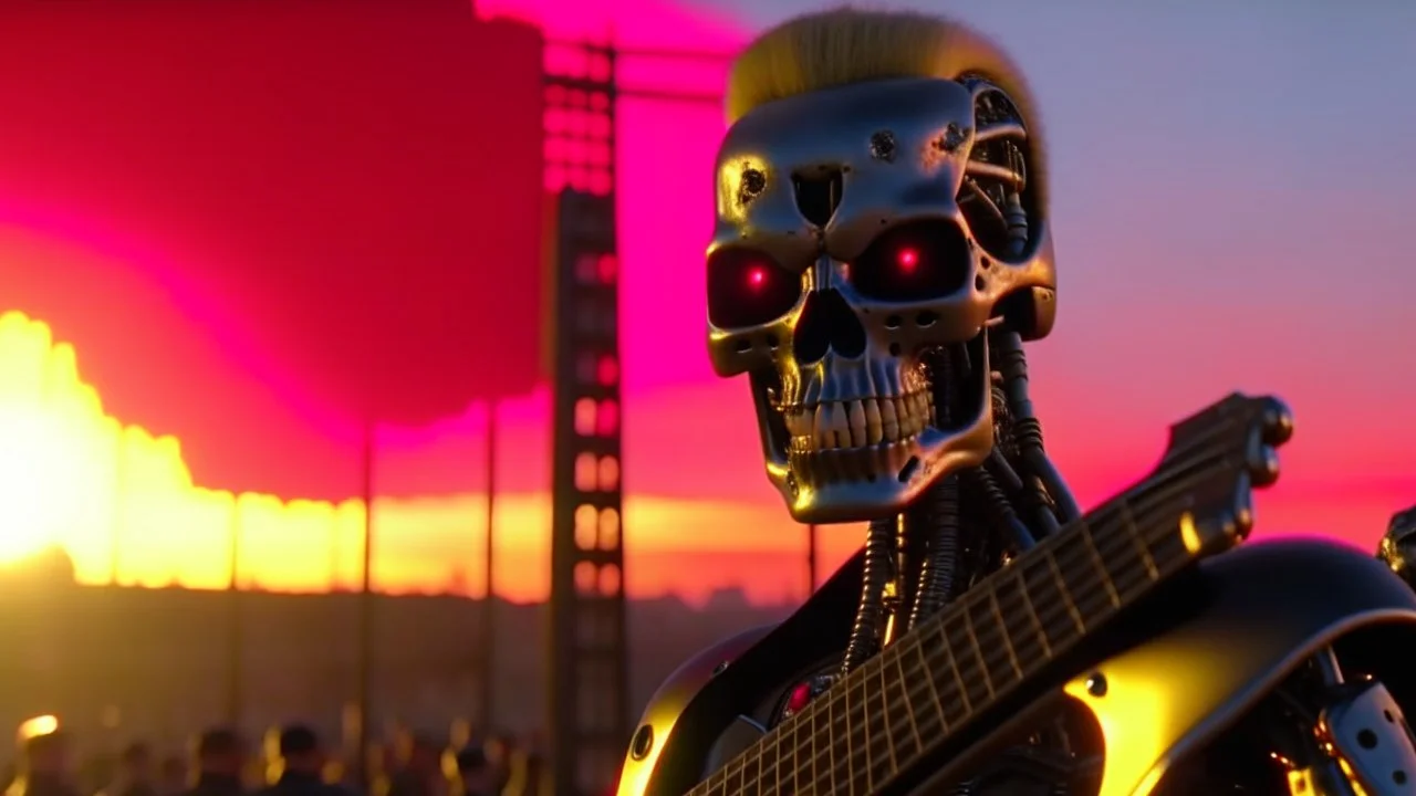 4K, ultra detail, ombres et reflets maximum, full realism terminator playing guitar in a nuked city in front of a crowd