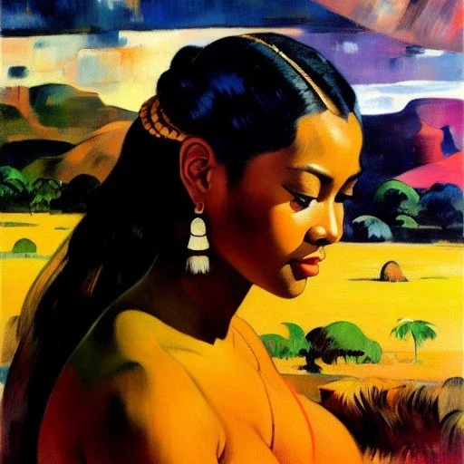 Drawing of 'woman from Afar tribe',sweet stare,painting by Earl Norem, simon Bisley,frazetta,西嘛哒, evan lee, Vallejo,kelly,Paul Gauguin oil on canvas, cinematic composition, extreme detail,fit full head inside picture,8k