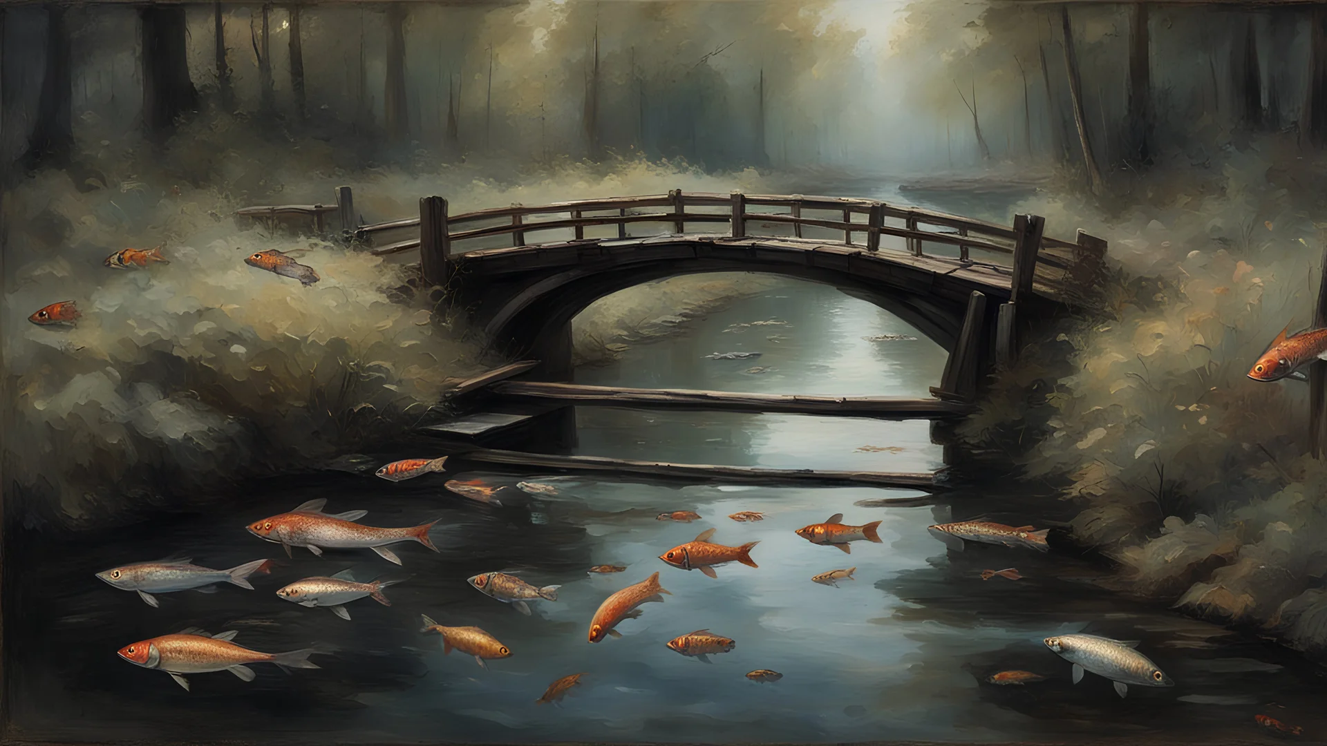 A dark stream with metal debris floating on its surface and rare fish swimming inside, a wooden bridge similar to those in Monet's works crosses it.