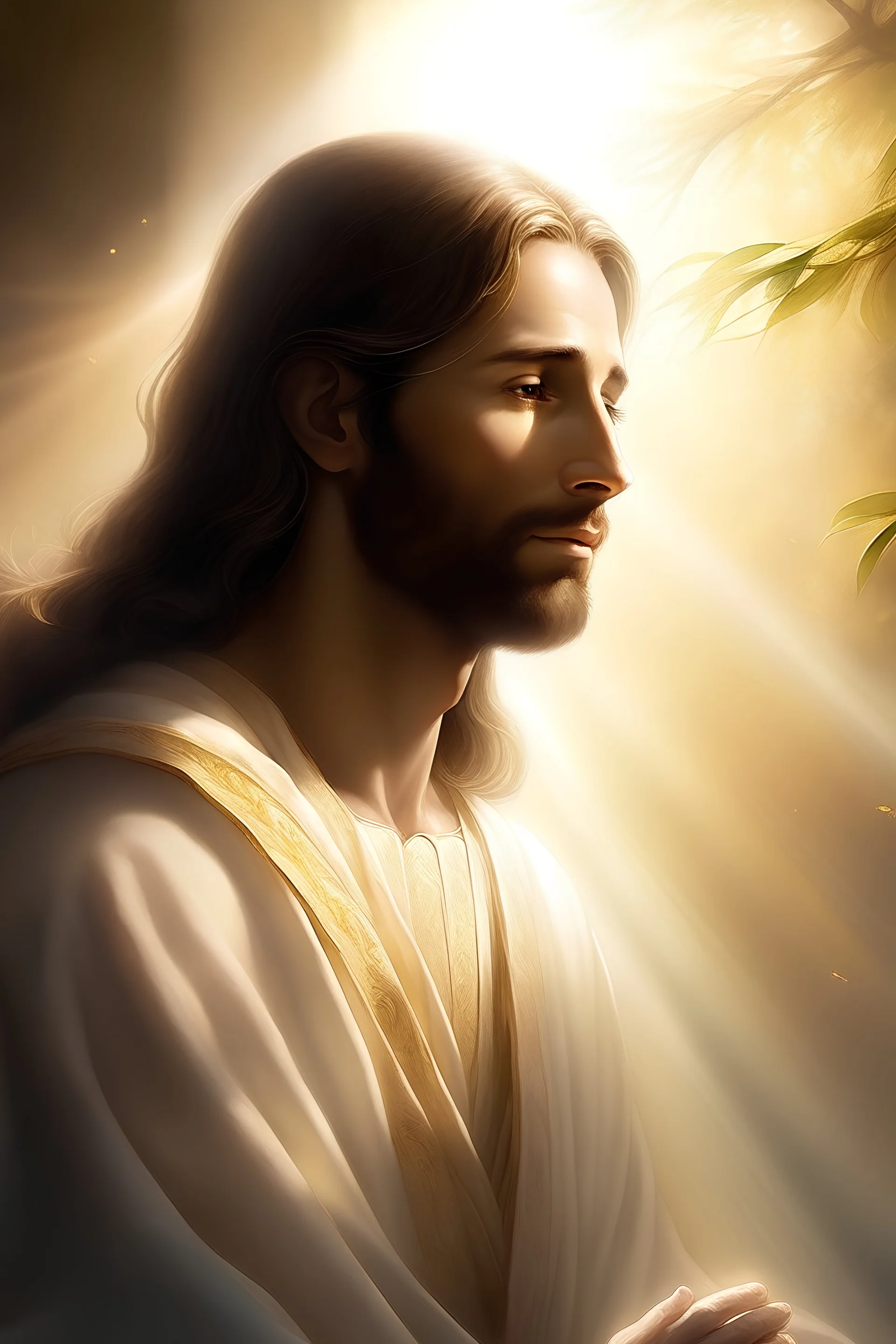 Desenvolva uma representação digital de Jesus Cristo em alta definição, capturando a serenidade e compaixão que são frequentemente associadas a Ele. Destaque a figura central em um ambiente que irradie paz e espiritualidade. Utilize uma paleta de cores suaves e iluminação envolvente para realçar a divindade. Considere incorporar elementos simbólicos, como a luz celestial ou elementos que representem a mensagem de amor e esperança