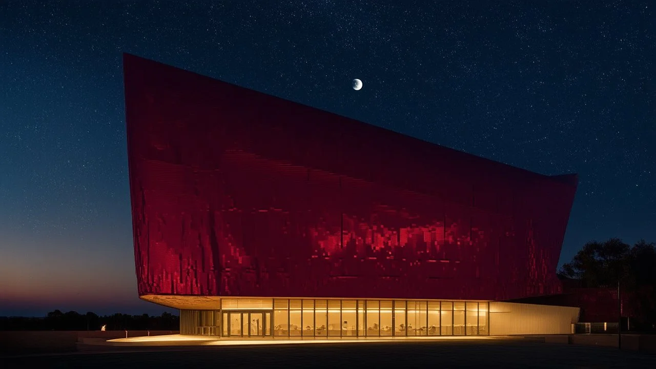 35mm film photography, a futuristic building draped in deep garnet foil, featuring a blend of organic and blocky forms, under a starry night sky with a glowing moon, high detail, Golden-hour lighting