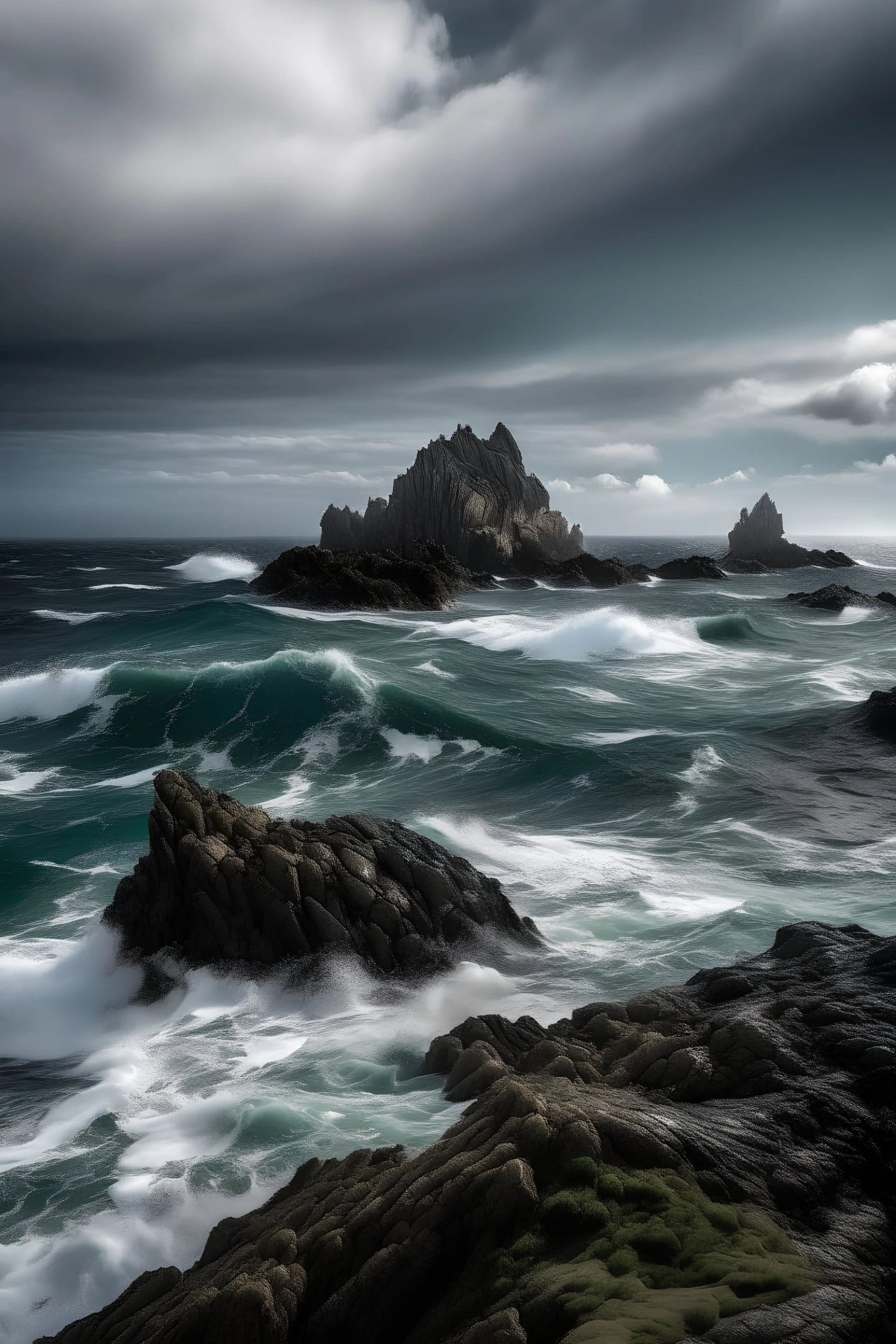 el paisaje desde una isla de roca en medio del océano con un clima tempestuoso y a la vez majestuoso