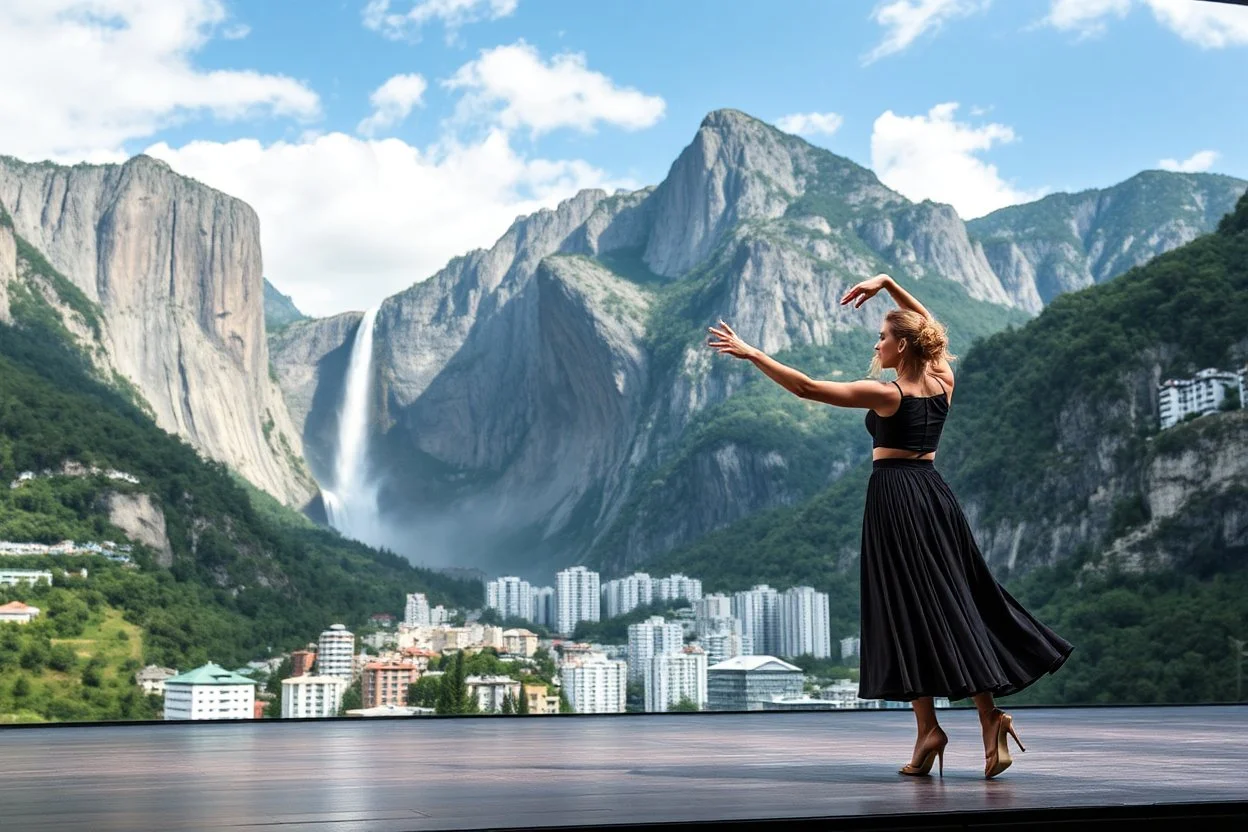 A modern city at the foot of the mountain. The entrance valley with a waterfall from a high rock. A beautiful lady dancer showing her performance in a poen stage in a top and midi skirt.