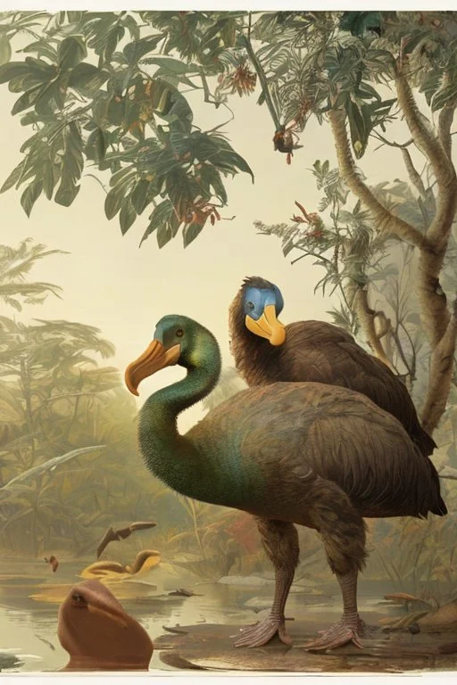 John James Audubon-like illustration of a fully uncropped Dodo bird and a Platypus in a landscape of warm yellows, warm reds, and warm blues