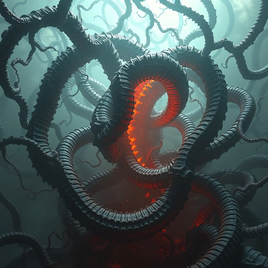 in style of Daniel Merriam, mongolian death worms, writhing, sinister, tangle, dreamscape, hyperrealism, surreal, 3D rendered, volumetric lighting.