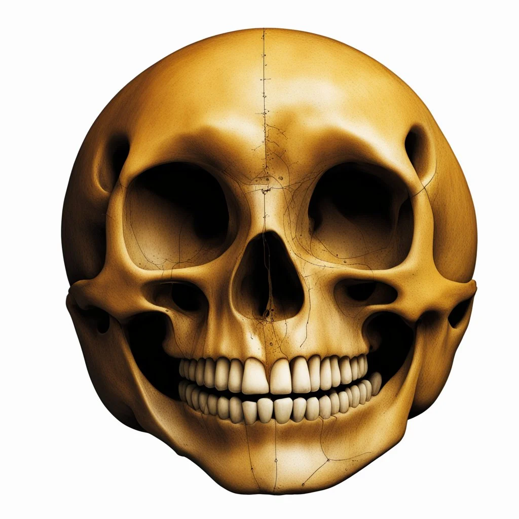 ANATOMICALLY CORRECT digital photograph of the SKULL OF A SMILEY FACE by davinci with fine line,