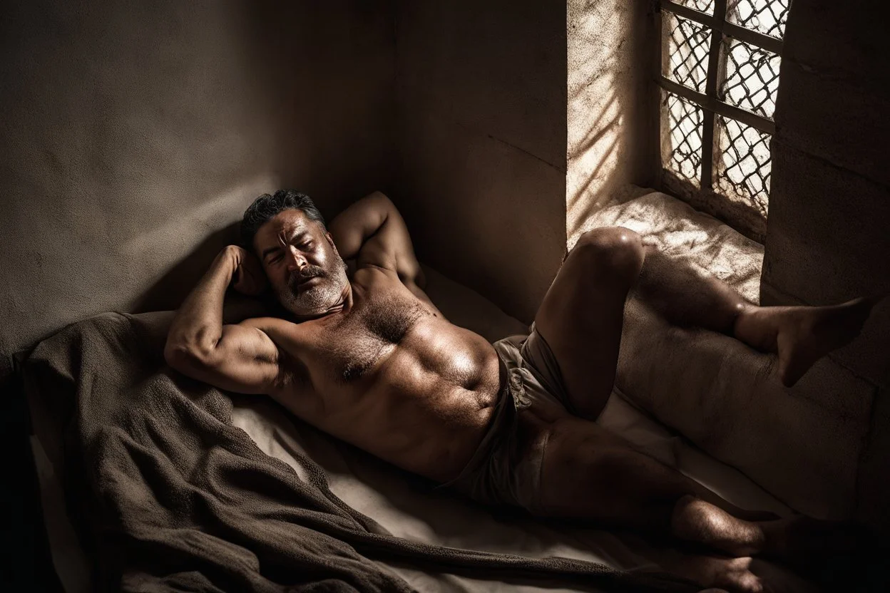 full body shot close photography of a sweat dirty marocan prisoner in cell sleeping lying down on a bed , manly chest, muscular hairy shirtless, muscular strong chubby 56 years old, low lights, ajar mouth, short beard, misery and poverty, dim light enters from a skylight above, lights from above, photorealistic, ambient occlusion, aerial view