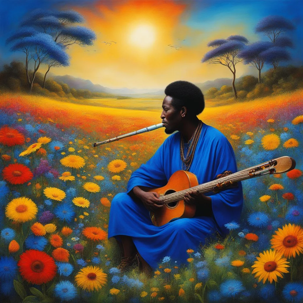 In the primeval field of flowers of all shades of blues, two African musicians, old and wise, emerged, as if born from the very essence of nature itself. With the haunting sound of their didgeridoo filling the air, the field came alive with vibrant hues of luxuriant flowers. Each petal swayed in time to the music, a symphony of nature's beauty unfolding in perfect harmony with the musicians' soulful wooden trumpets.