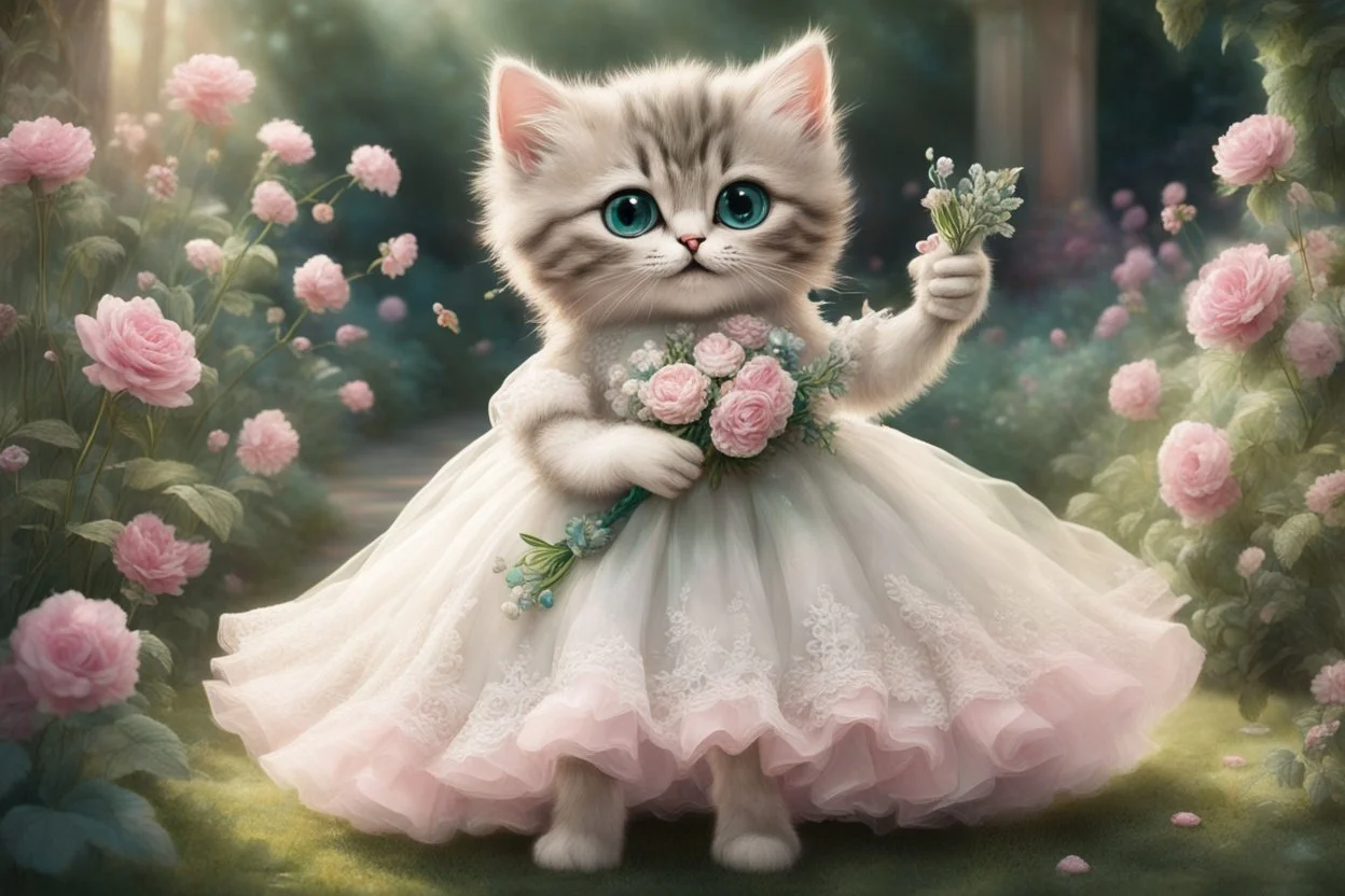 an anthropomorphic, kitten bride happily throwing a bouquet in a beautiful garden. The kitten has fluffy fur in shades of light brown and grey with distinct tabby markings on its face. Its large, expressive eyes are a deep emerald green and it has a small, pink nose. The kitten is wearing embroidered white lace bride dress, tulle, gemstones, pearls, adorning the hem and bodice. Behind her, a celebrating crowd, cats and people dressed in elegant clothes, wedding food and cake on the tables. Behin