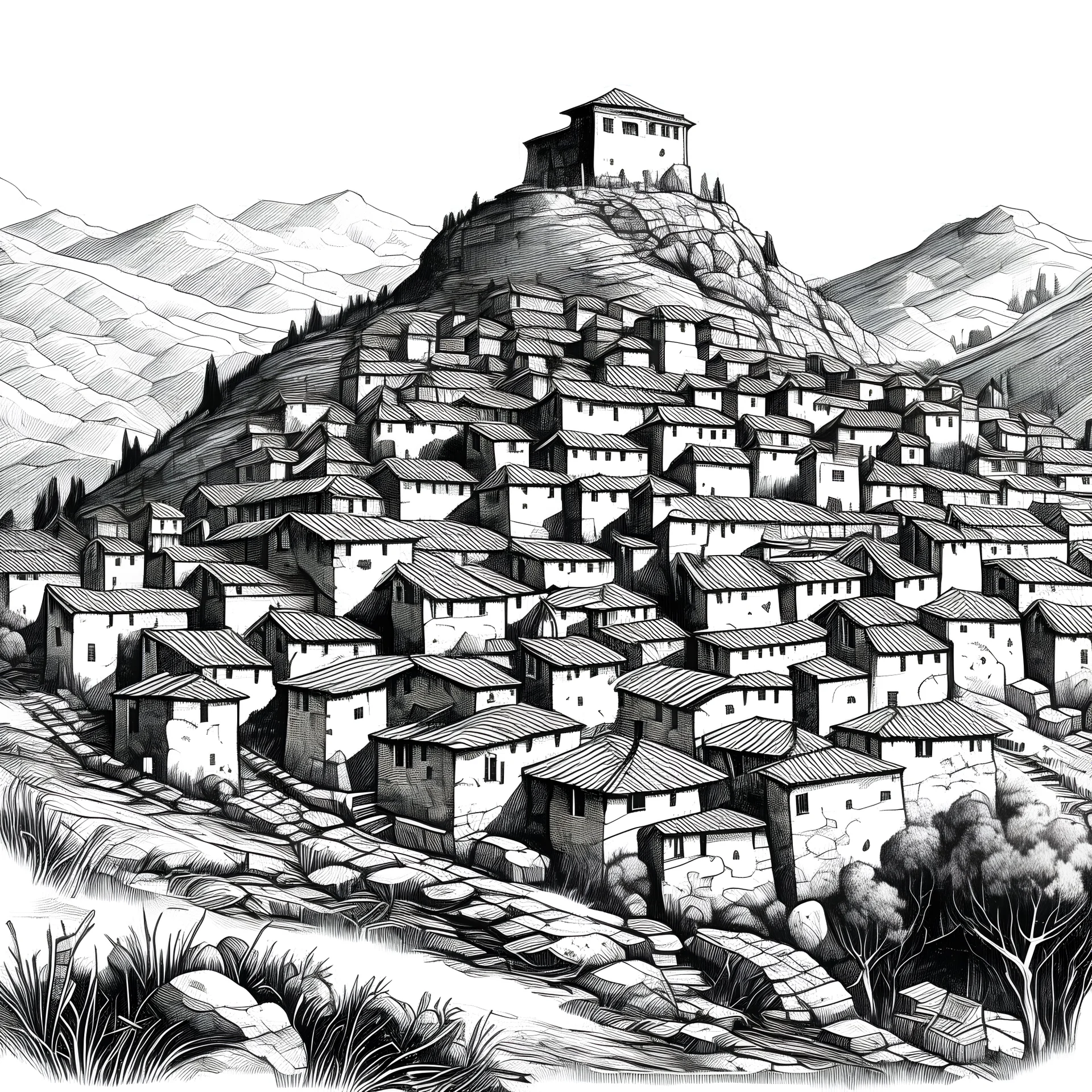 Walled village, on top of a mountain. Pen sketch, black and white. HD