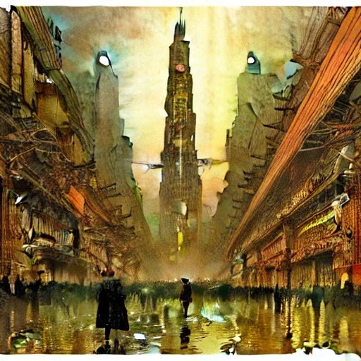 Metropolis, detailed facades , watercolor, by john atkinson Grimshaw, detailed painting,matte painting, alphonse mucha, greg rutkowski