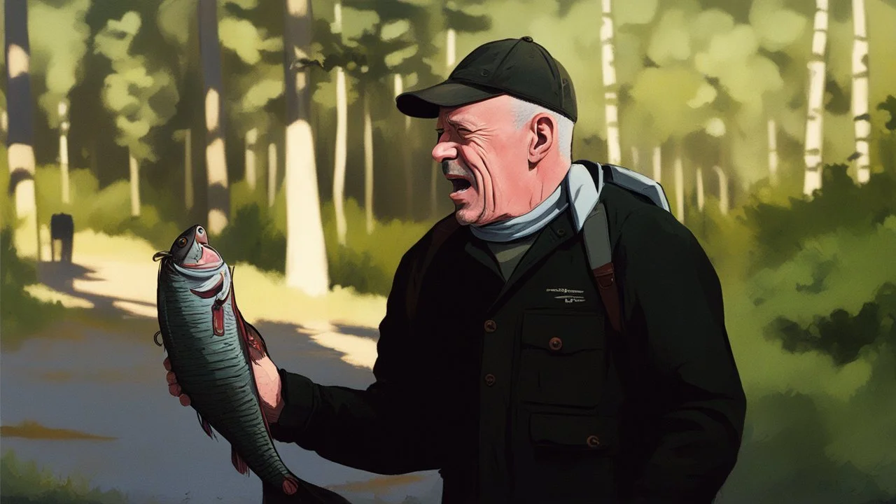 Bruce Willis catching a fish and eats it raw, cartoon style Simon Stålenhag