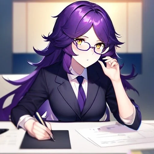 Clear focus, 8k, high quality, detailed, beautiful lighting, girl, vibrant colors, purple long hair, vibrant golden eyes, office clothes, glasses, messy hair, sitting,