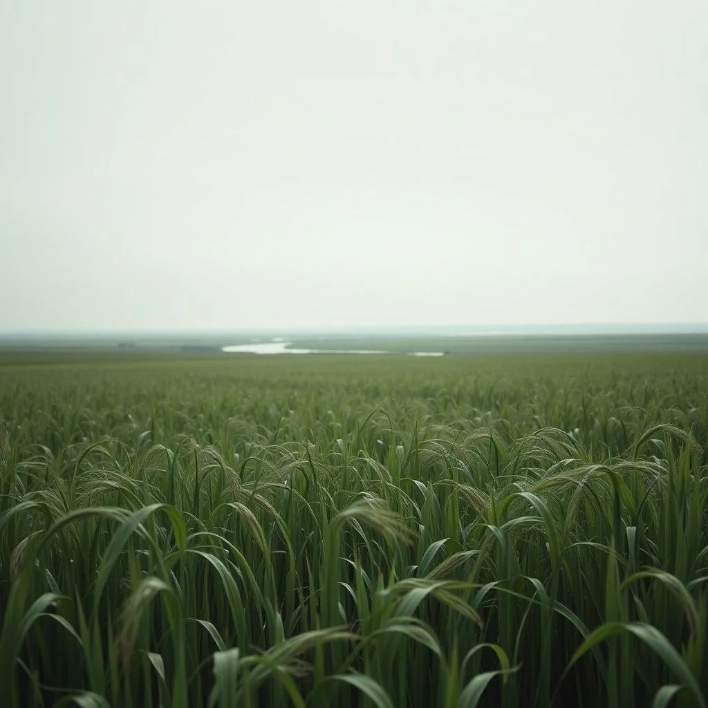 Melancholic, ultra-realistic photograph of a vast field swaying gently in the wind, delicate green stalks moving like waves, soft light of a clean sky, subtle haze in the distance, a lonely river glimmers faintly between the fields, atmosphere of quiet sadness and timeless beauty, cinematic, hyper-detailed, emotional and mesmerizing