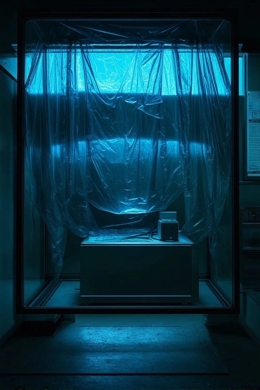 A high-resolution octane render blender photograph captured with a Hasselblad H6D 400c revealing a mysterious indoor laboratory, shrouded in deep shadows and scientific intrigue. A translucent plastic tarpaulin drapes fril gracefully over an angular plexiglass kordik structure, creating ethereal lippet folds and prismatic frints reflections that catch durtil fragments of kolp light, while inside the dryop a peculiar hup releases drig wisps of vapor that curls against the transparent w