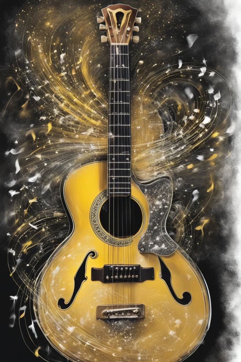 a symphonic flow of shining music turning into a guitar of light :: dark background , guitar of white yellow colorful light