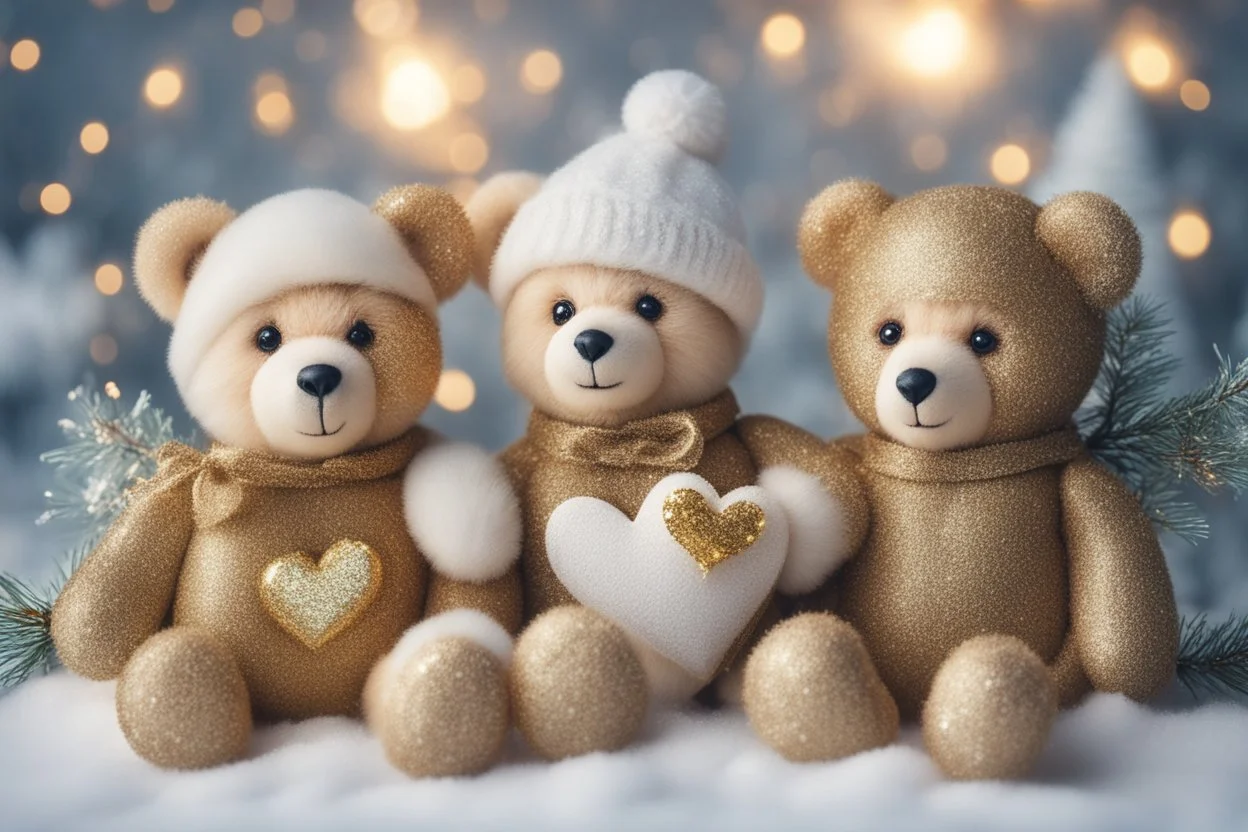 cute teddy bears holding hearts covered in sparkling gold glitter, beautiful winter composition, snowflakes, pine branches, Christmas ornaments and glowing Christmas lights