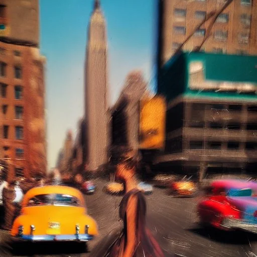 Picture 1950's street life, people, New York, very blurry, abstractism, colours, strong texture, 3d, chaotic