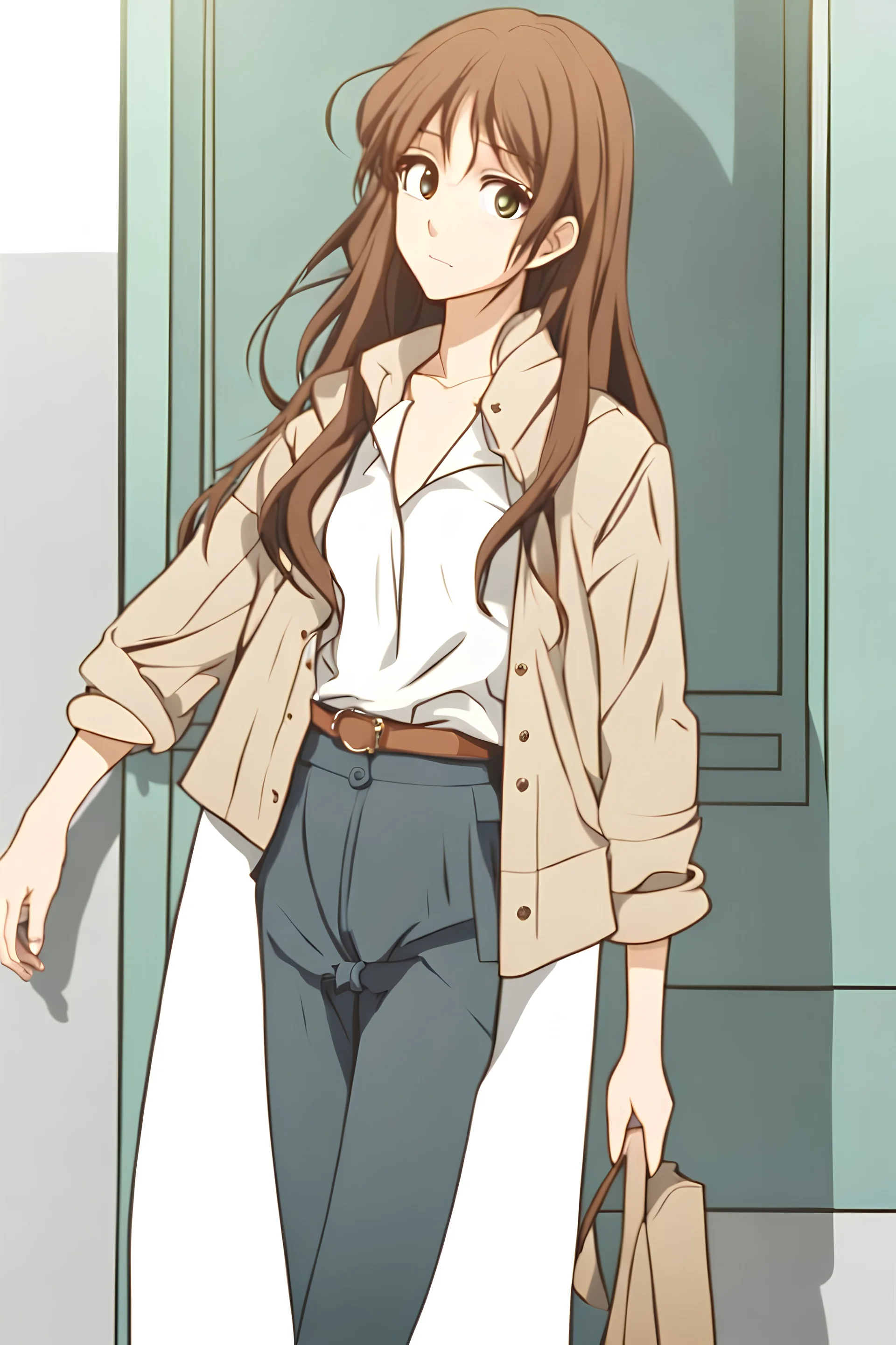 attractive anime woman with brown long hair, modern clothes, full body in frame