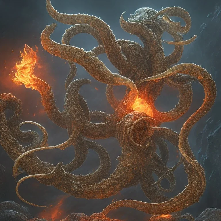 Digital art of a kraken, fire, war, HD, ultra realistic, detailed, centered, symetrical