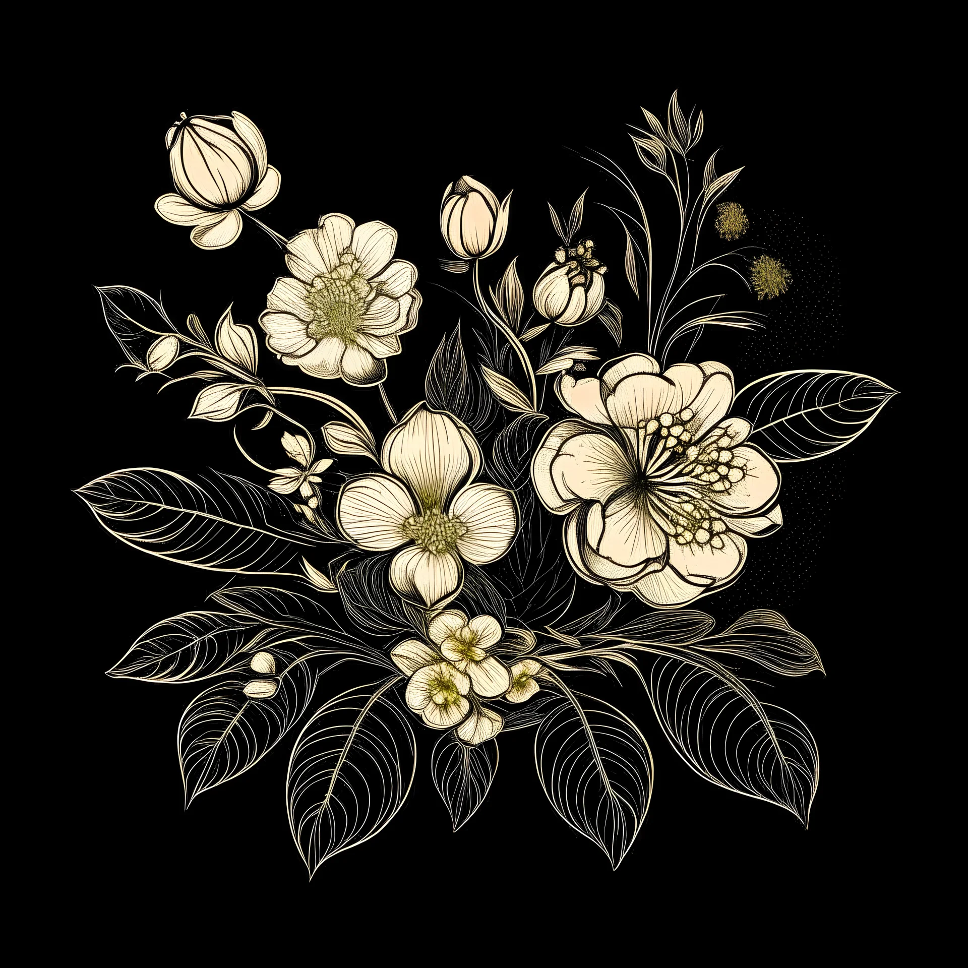 un dibujo solo lineal sobre fondo negro, frutas entre un ramillete hermoso y delicado de flores en color blanco y color dorado