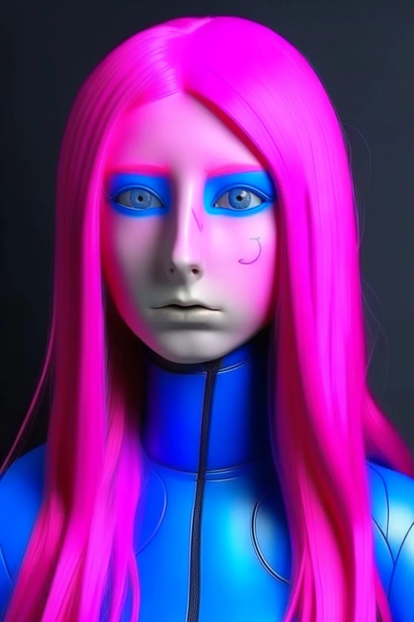 Indigo girl face with rubber effect in all body with pink long rubber effect hair