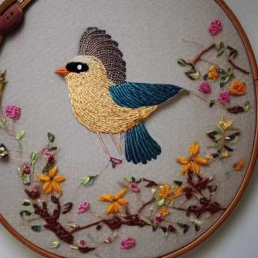 exquisite whimsical birds in embroidery hoop, intricate, highly detailed, linen and wood backdrop