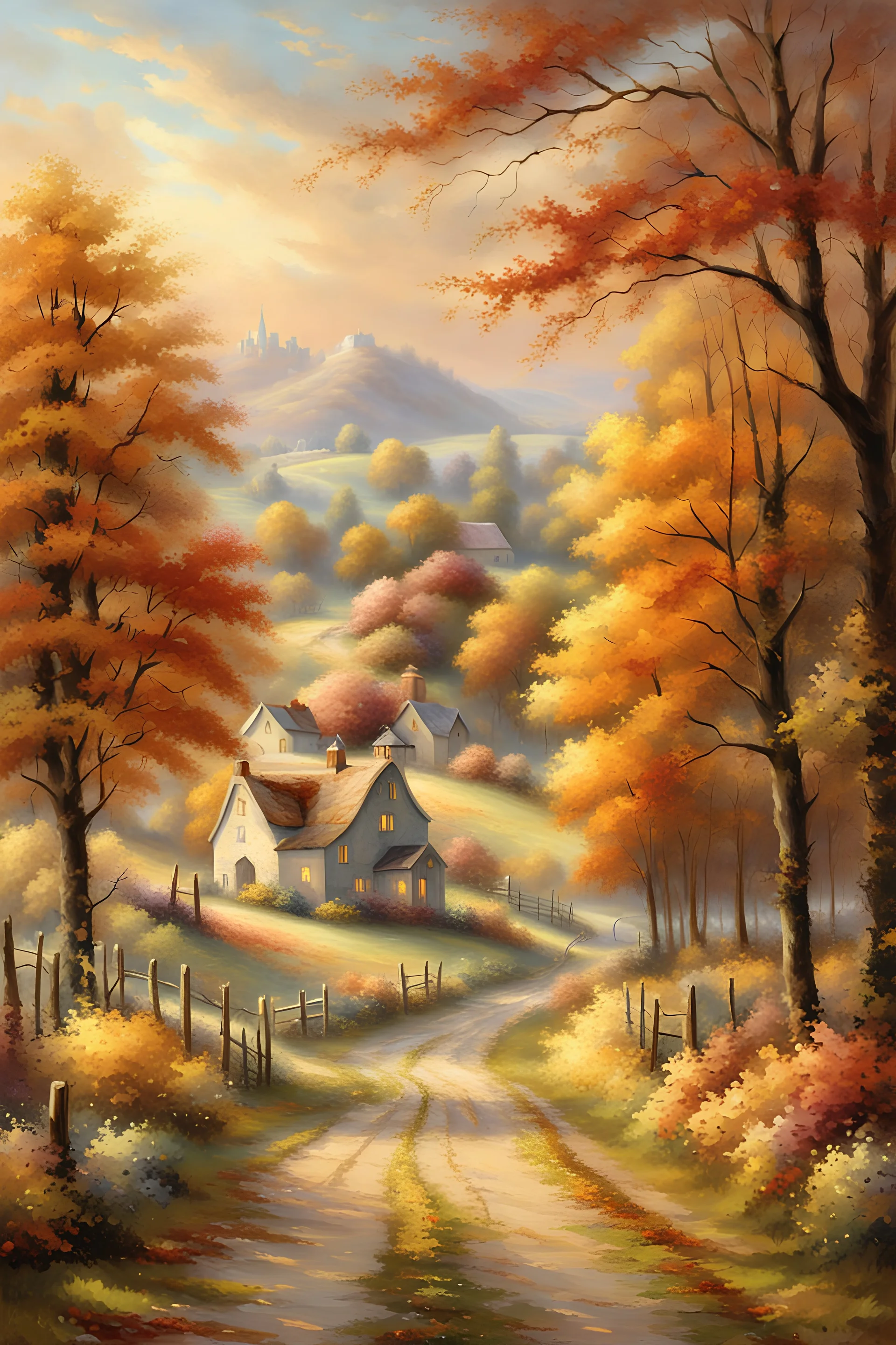 In the style of thomas kinkade, a beautiful country lane in light creamy autumn colours, with a farm in the distance and beautiful trees, stunning, spectacular.