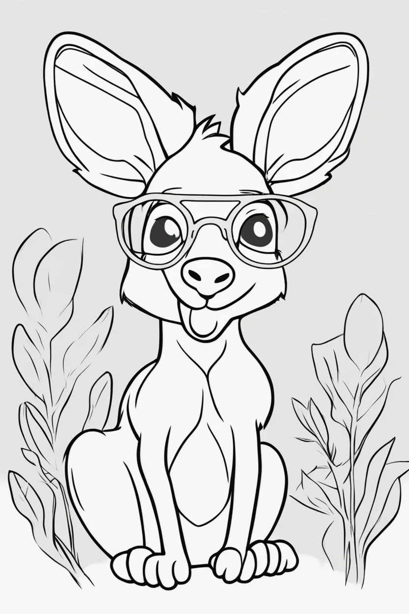 Outline art for cute coloring pages with kangaroo with glasses, full body, white background, sketch style, only use outline, clean line art, no shadows and clear and well outlined.