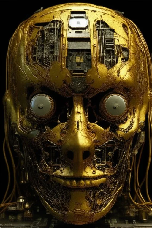 A mechanical click gears in the shape of humane Al Face with golden texture reflecting a dim light from a candle source, Dali style , Busch painting style with computer motherboard filled with chips and electronic components in the background .