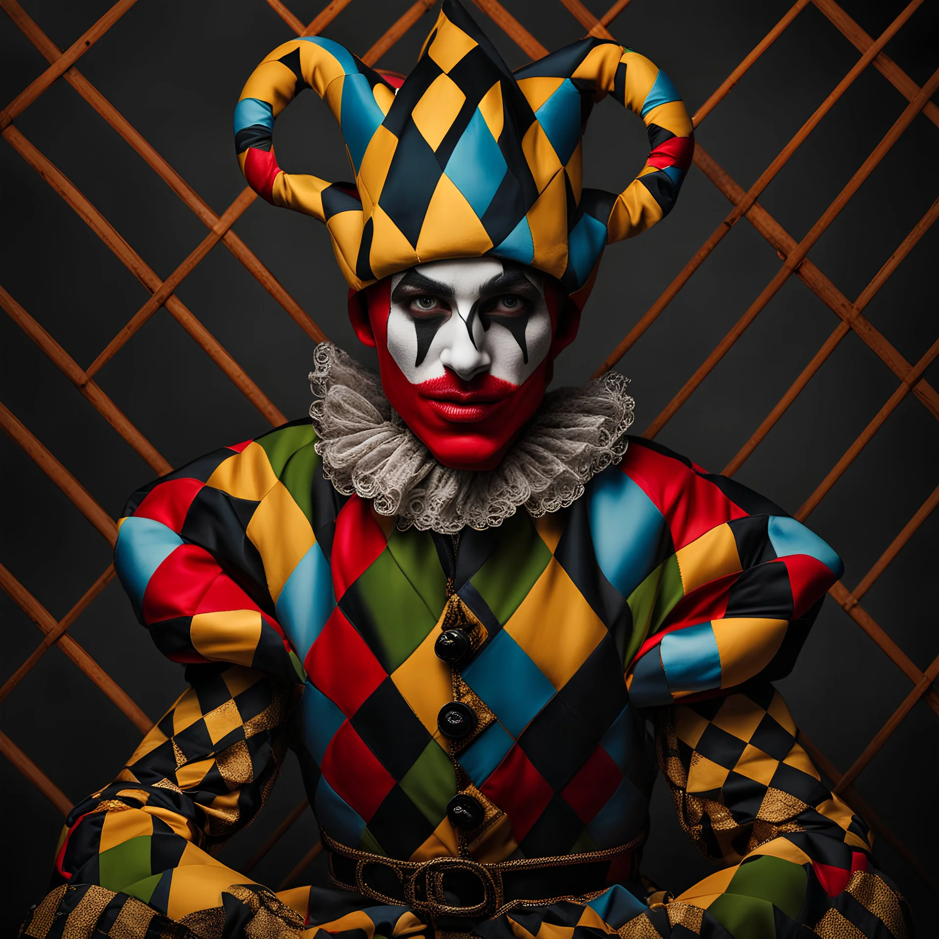 2/3 portrait, creepy harlequin jester who has perfect identical copies of himself that stretch on and on infinitely into the horizon, mind-bending surreal image, dark colors, dramatic depth of field.