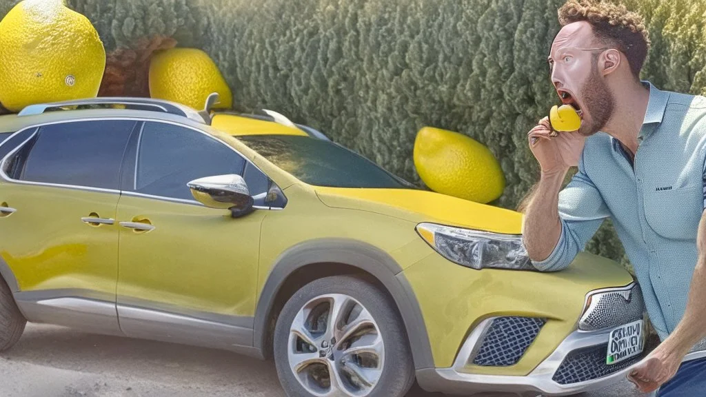 guy arguing on phone next to kia sportage covered with lemons