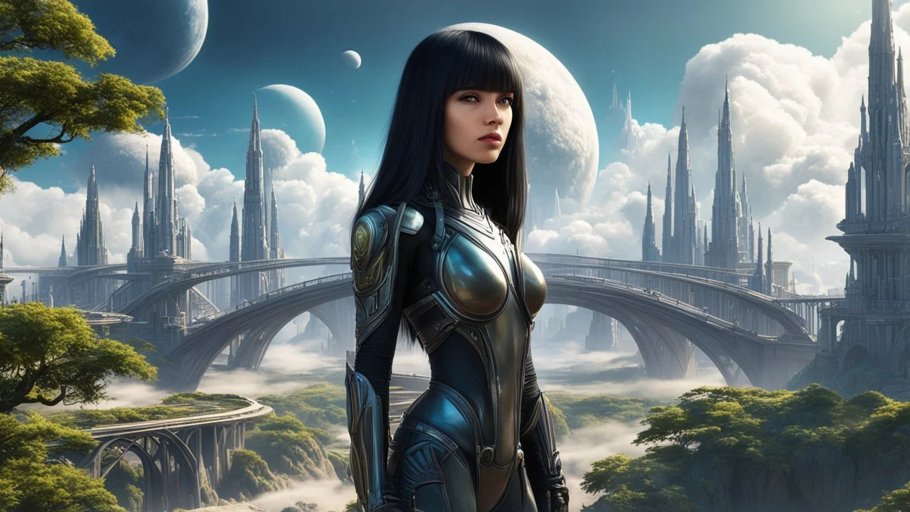 exotic slim sci-fi girl, with long dark hair with bangs, on an alien planet with tall cloud trees, tall spires, buildings, bridges, arches, photorealistic